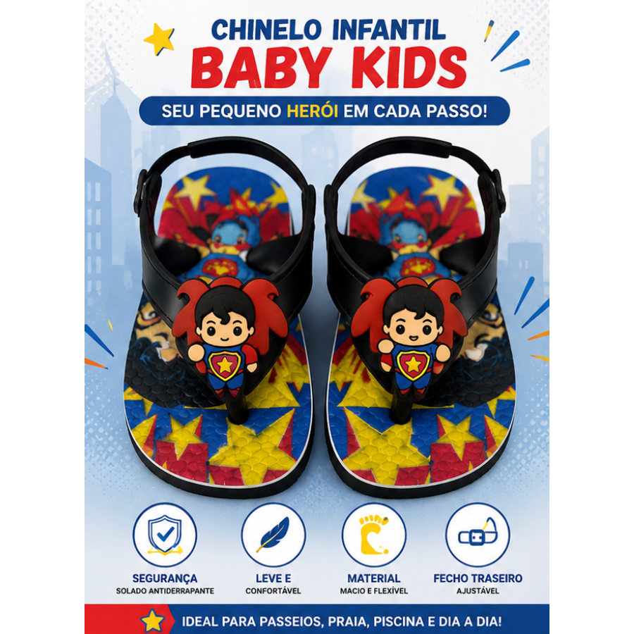 Chinelo Infantil Baby Kids Herói Masculino Antiderrapante Confortável com Fecho Ajustável Bebê 17 ao 22 menino praia