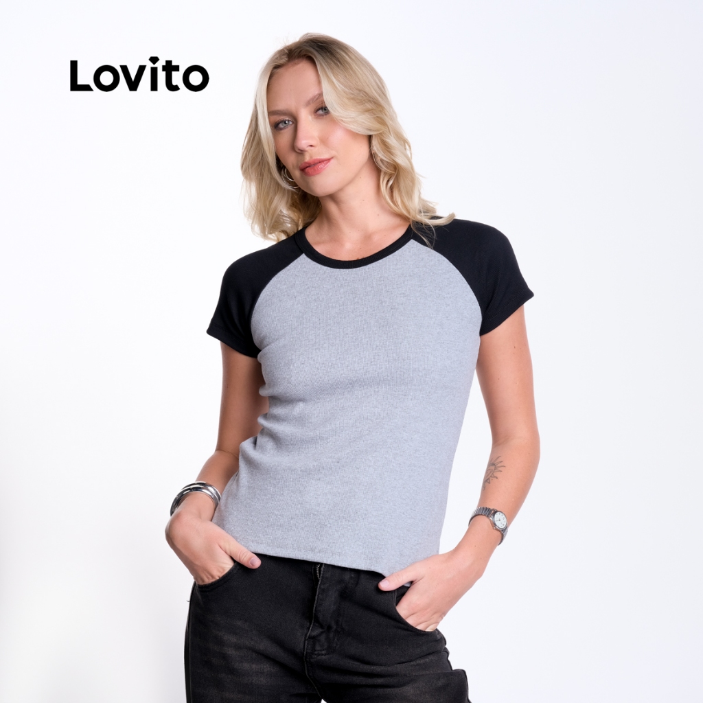 Lovito Camiseta Baby Look Raglan Feminina Manga Curta BRTSB16371667