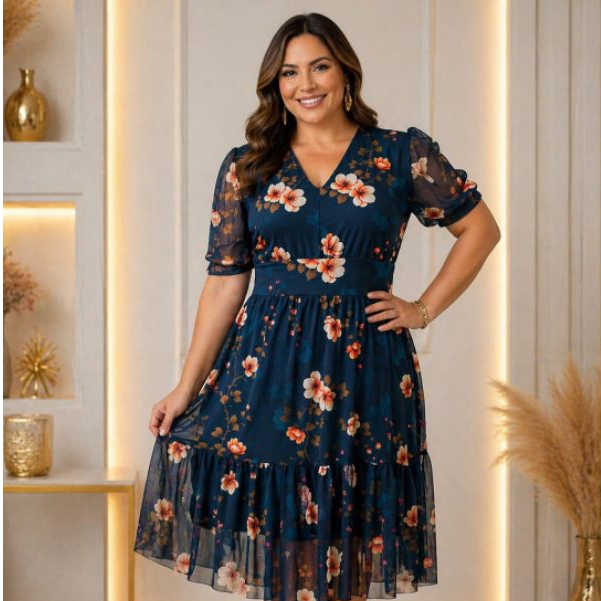 Vestido Tule Estampado Midi Floral Manga Princesa Elegante Moda Feminina