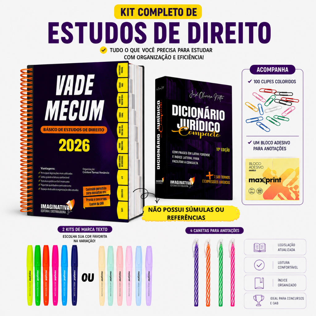 Vade Mecum 2026 + Dicionário Jurídico | Kit de estudos básicos | + canetas + bloco adesivo + marca texto + 100 clipes
