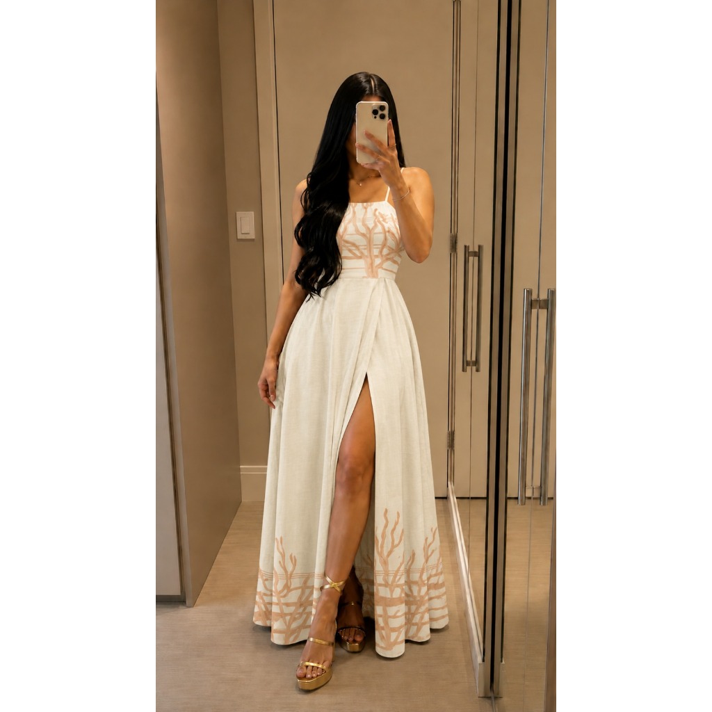 Vestido Feminino Longo com Fenda Estampado Alça Fina Cruzada COD:X041