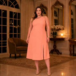 Vestido Midi Plus Size Um Ombro Só Detalhe Dourado no Ombro Fenda Frontal e Costas com Elástico