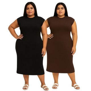 Kit 2 Vestido Plus Size Feminino Midi Manga Curta Básico Curve Canelado
