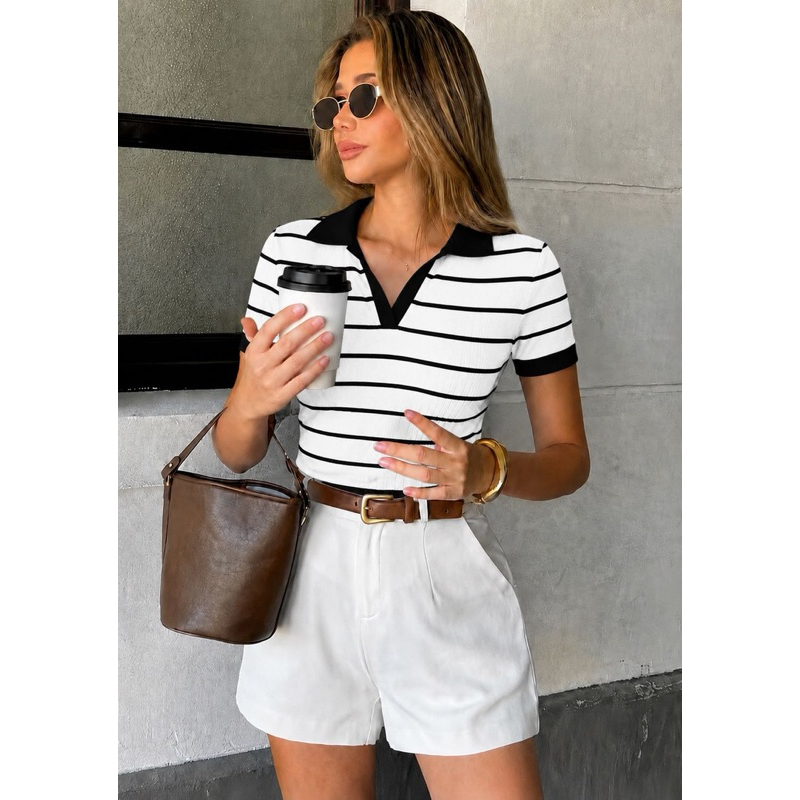 Camiseta Polo Feminina Listrada Ribana Canelado Algodão Casual Moda Gringa Basico T-Shirt Verão