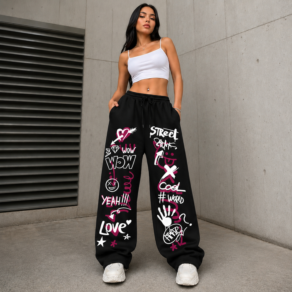 Calça Wide Leg Feminina Grafite Streetwear | Calça Larga Fashion Y2K