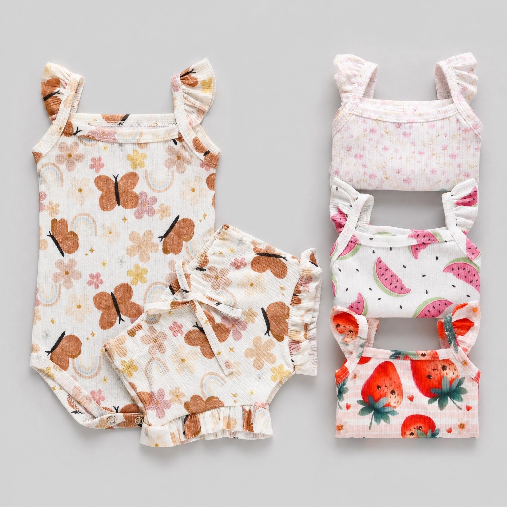 Kit 2 Conjuntos Verão Regata Babado Sortido Menina Body + Tapa Fralda