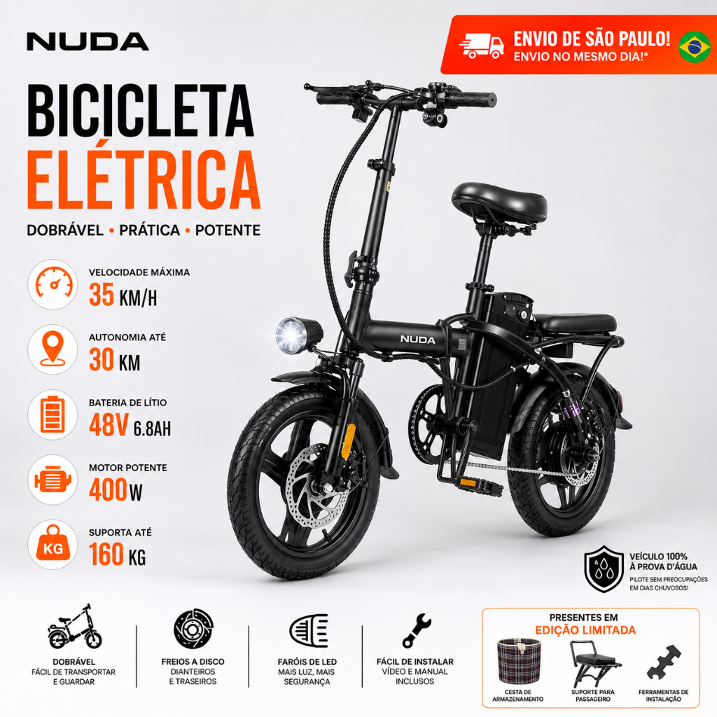 Bicicleta Dobrável Elétrica 400W 48V Bateria Removível LED Freio a Disco Compacta Até 160kg