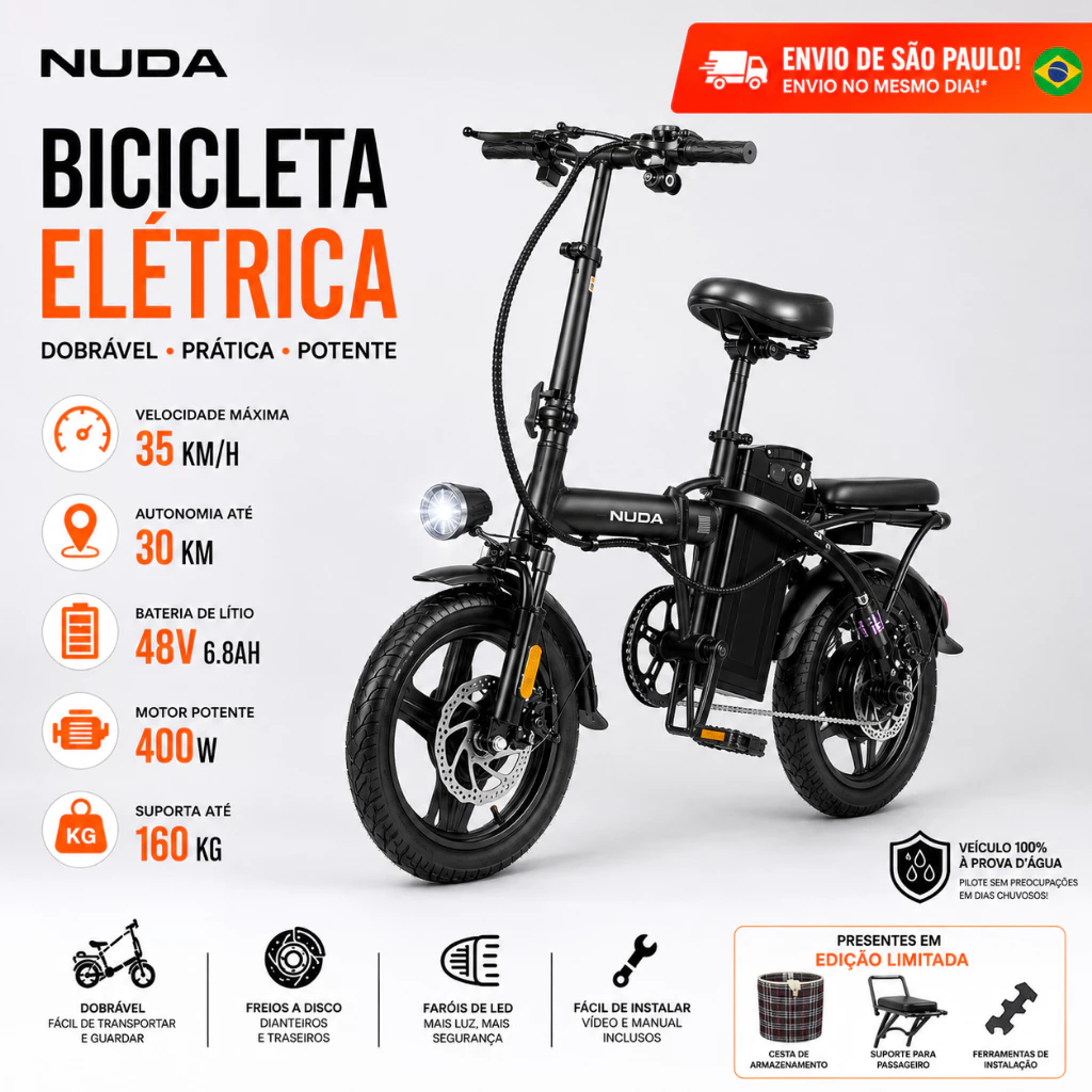 Bicicleta Dobrável Elétrica 400W 48V Bateria Removível LED Freio a Disco Compacta Até 160kg — imagem 1