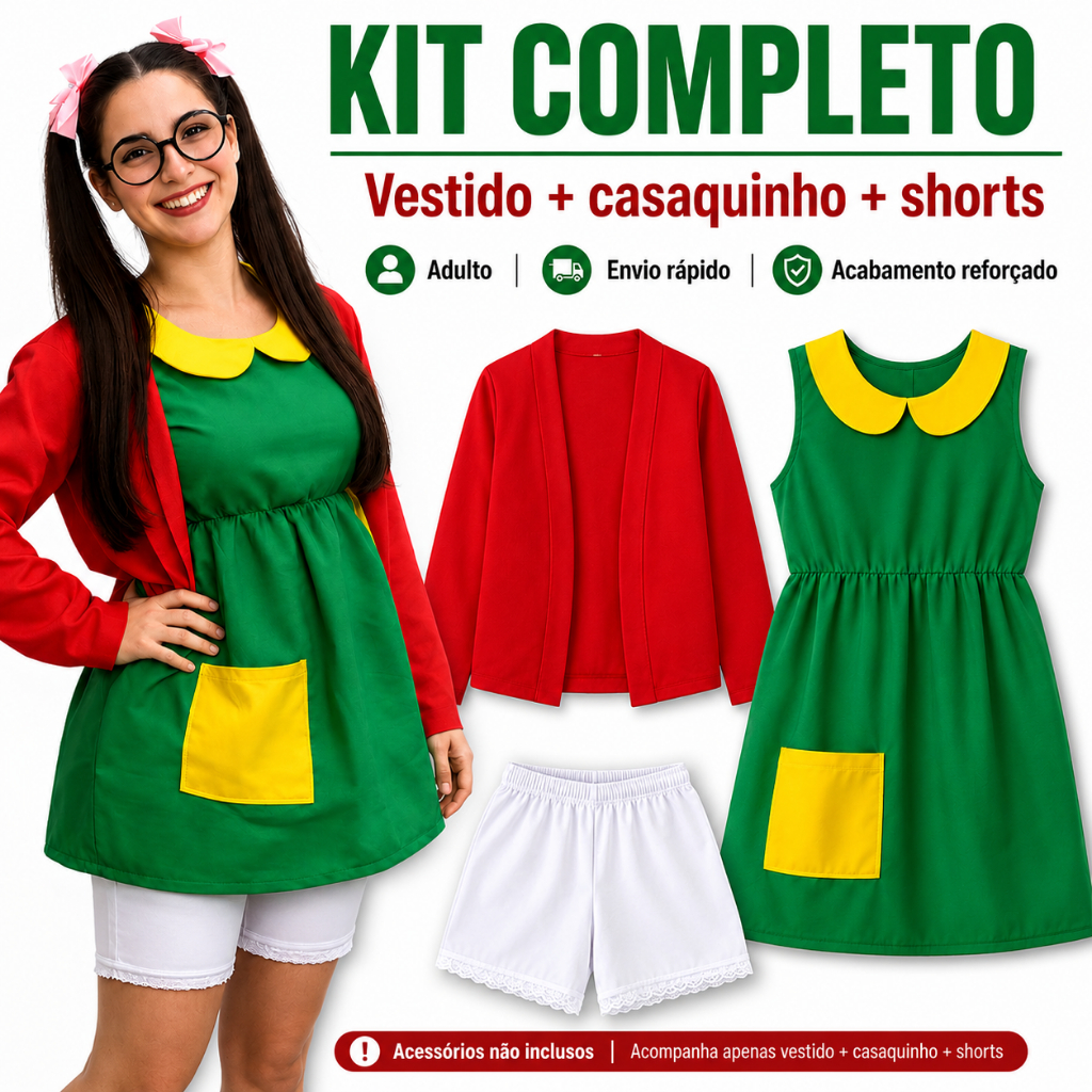 Fantasia Chiquinha Adulto Luxo Kit Completo Vestido Casaco Shorts Carnaval Halloween