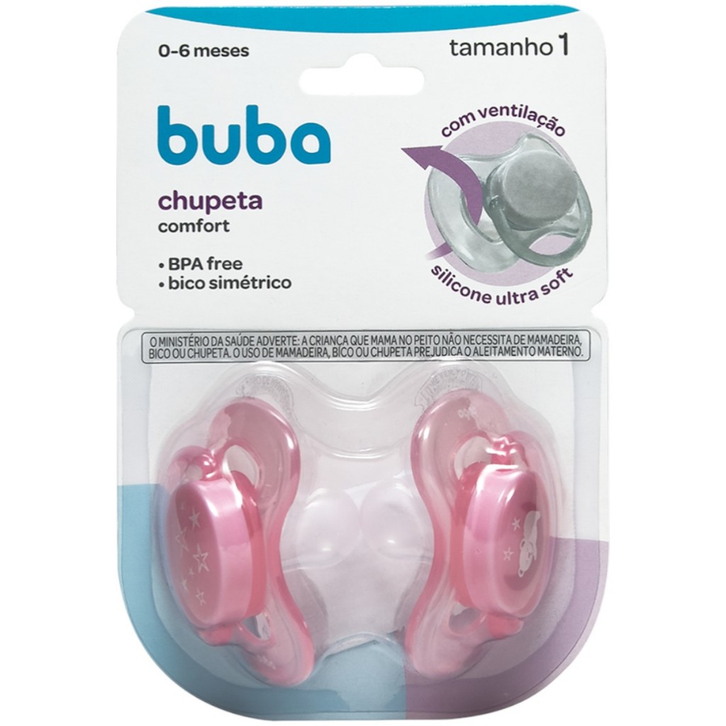 Kit 2 chupetas Tamanho 01 0-6meses Rosa - Buba - Ursinho e Estrelinha - Silicone com Ventilação - Comfort bico simétrico