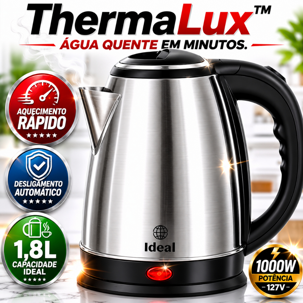 Chaleira Elétrica Inox 1,8L 1000W 127V Aquecimento Rápido Desligamento Automático ThermaLux