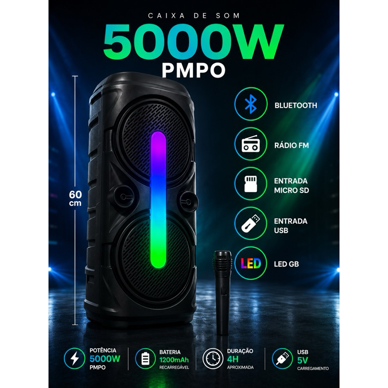 caixa de som gigante amplificada 7000w 60cm pmpo led gb bluetooth radio usb