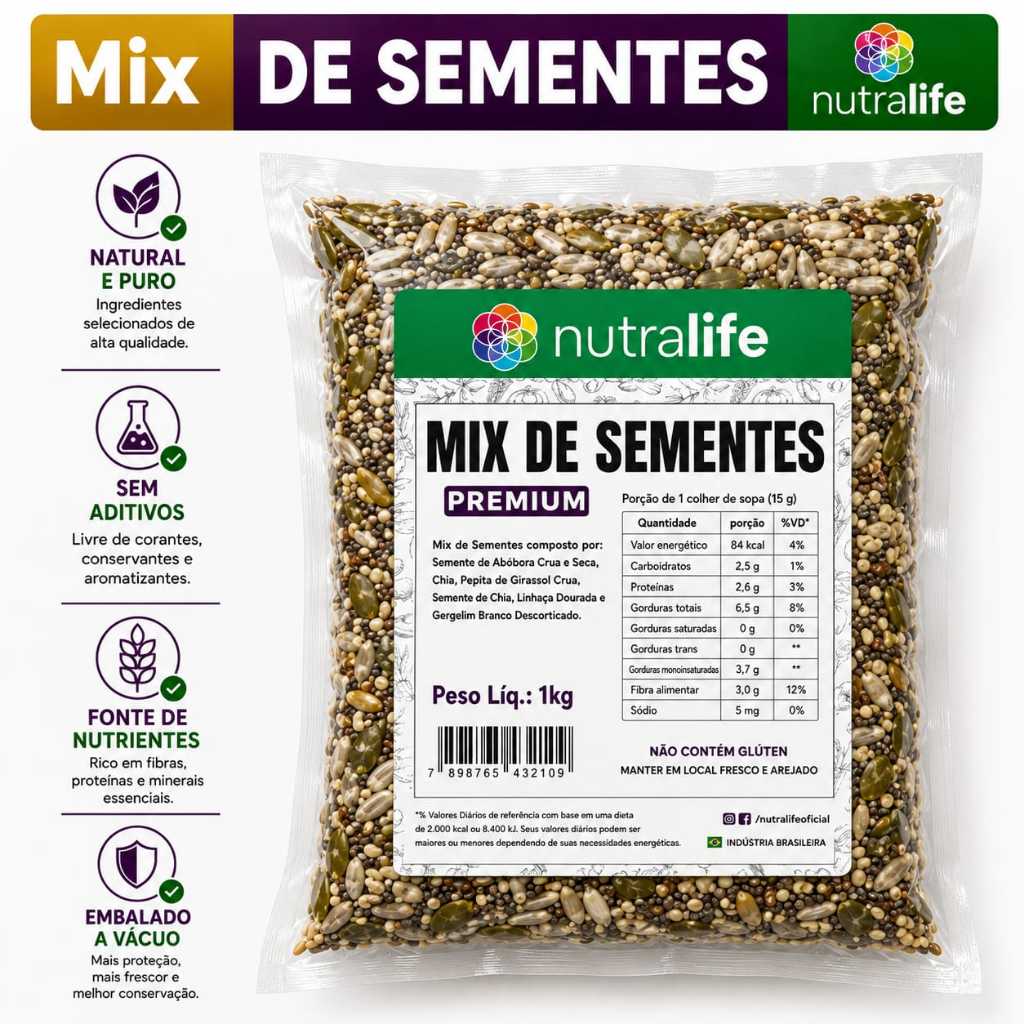1kg Mix De Sementes Abóbora Girassol Chia Linhaça Gergelim