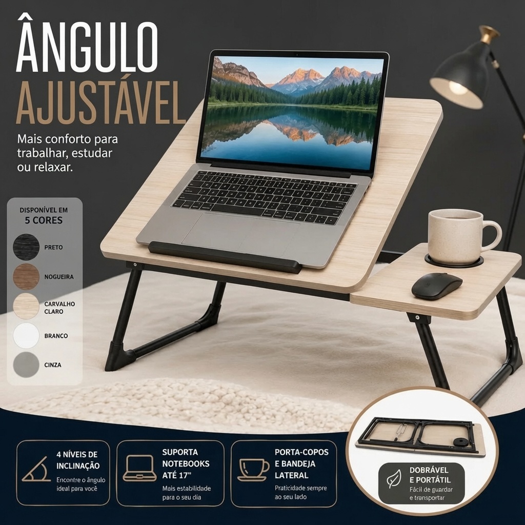 Mesa Notebook Ajustável Dobrável Multifuncional P/ Estudo Refeição Cama Sofá Portátil C/ Porta Copos