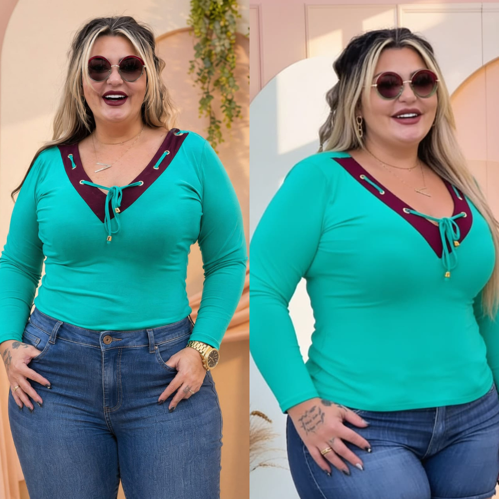 Achadinhos da Shopee Blusa manga longa detalhe na gola de ilhós