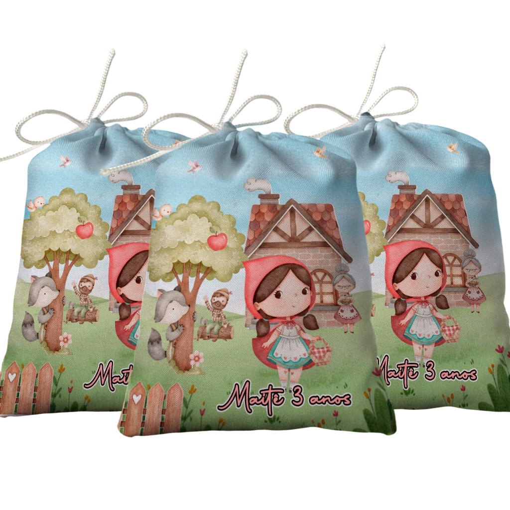 Sacolinha Lembrancinha Festa Aniversário Surpresa Tecido Personalizado Chapeuzinho Vermelho Aquarela