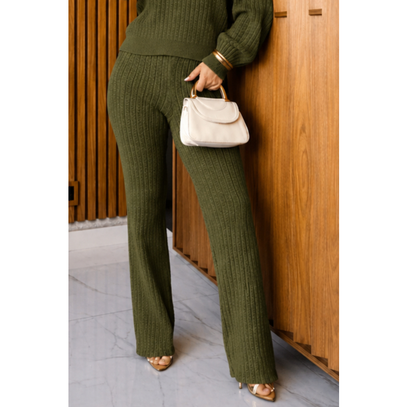 Detalhes do Conjunto Feminino Tricot Modal Canelado Gola V – Blusa Manga Longa + Calça Soltinha Inverno Elegante