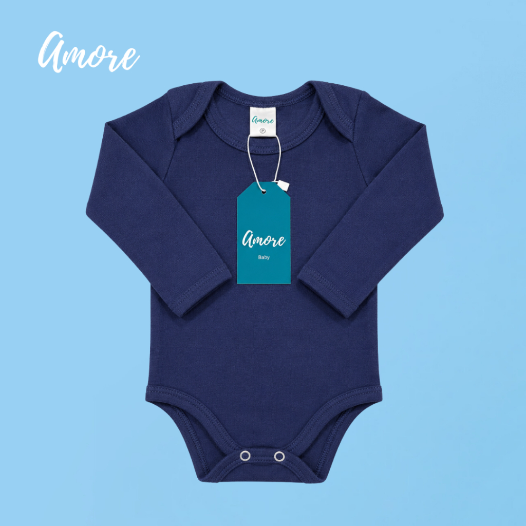 Body Manga Longa Azul Marinho Suedine - 100% Algodão