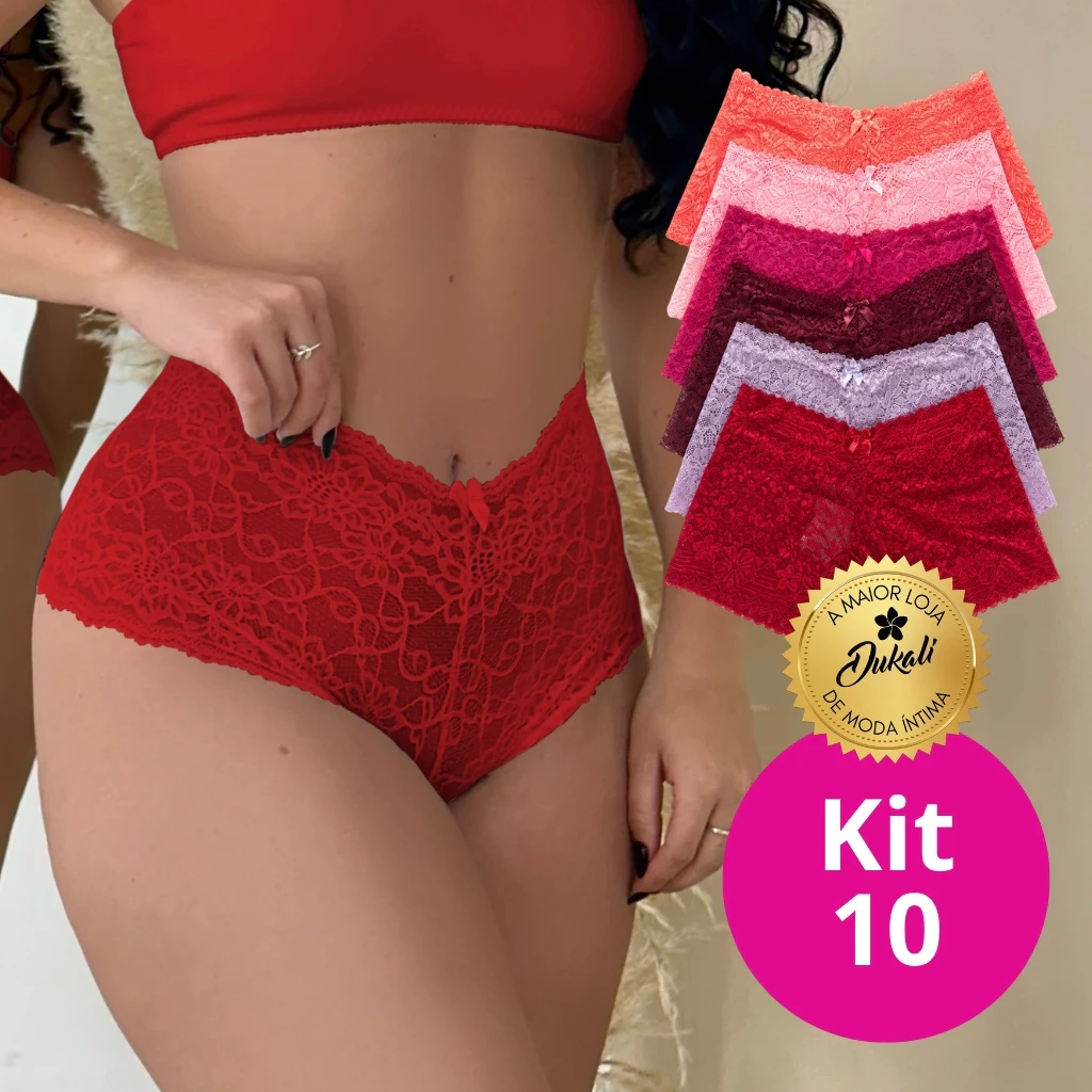 Kit 10 Calcinhas Caleçon Renda Jacquard original Feminina Boxer Alta — imagem 1