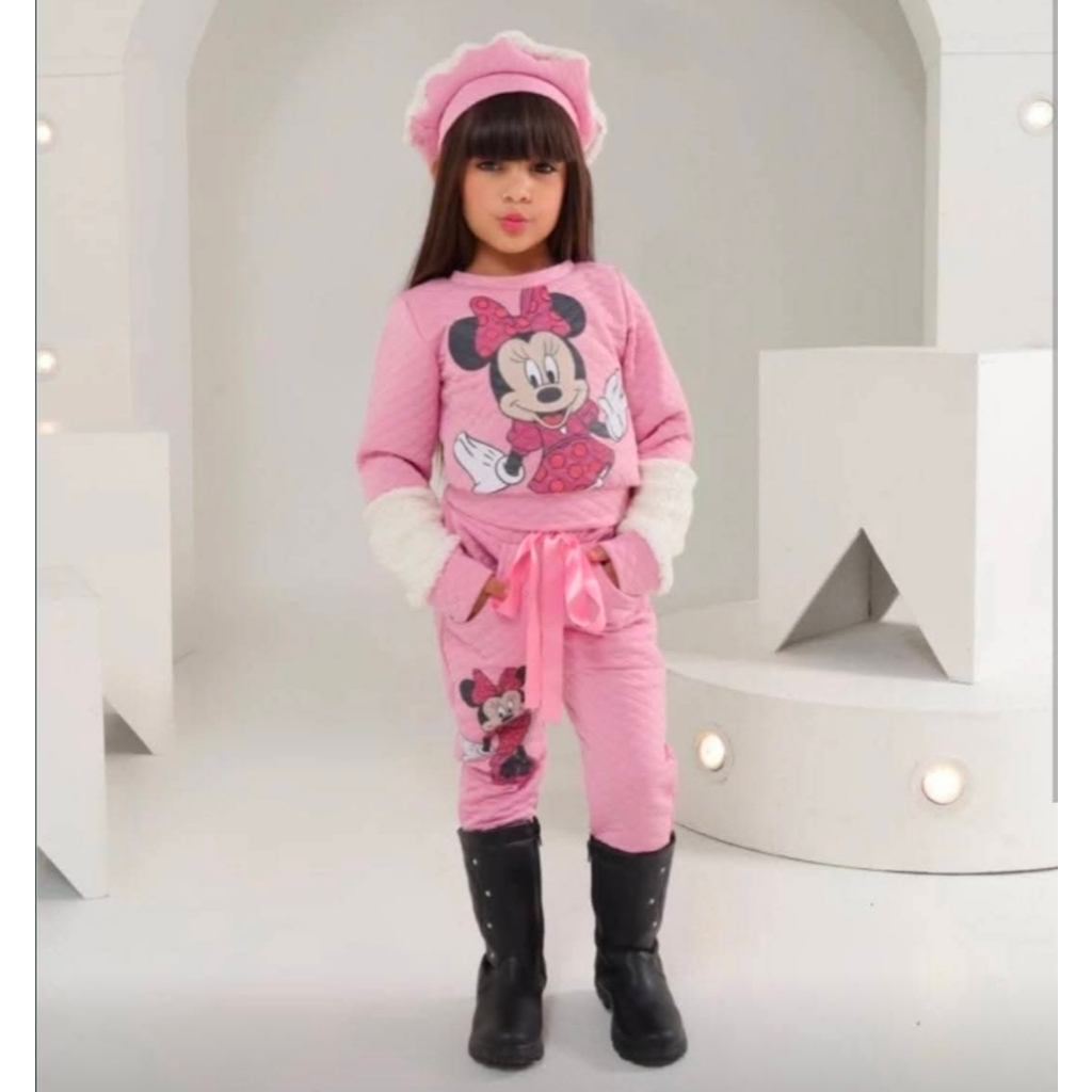 Conjunto Infantil Inverno - Blusa + Calça Moletom Grosso Estampado Rosa + Boina Touca Menina