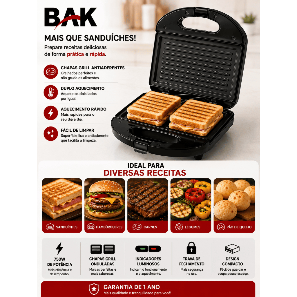 Sanduicheira Elétrica Grill 750W Antiaderente Inox Preta para Lanches