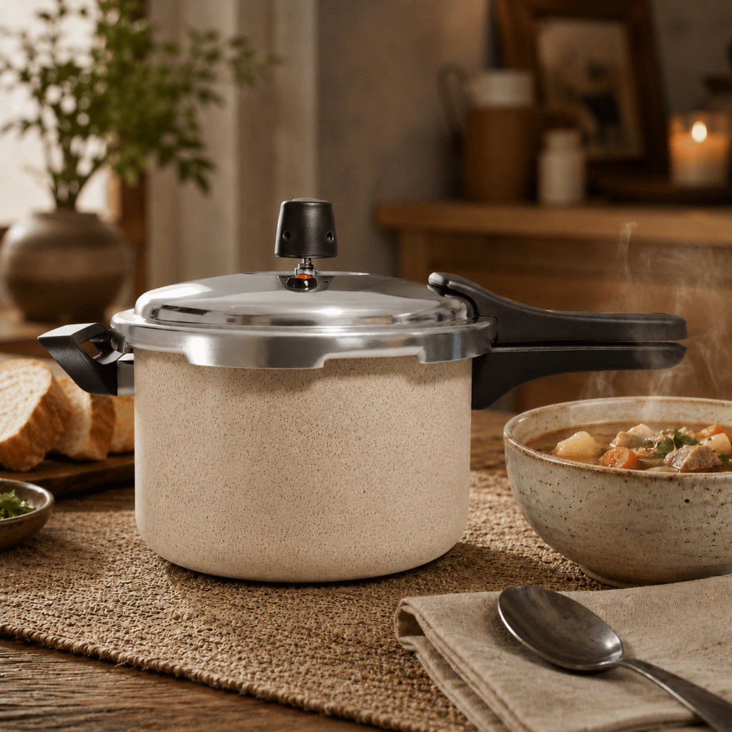 Panela de Pressão Fechamento Externo 4,5 L Com Tampa de Vidro Antiaderente 6 Camadas de Teflon Bege Vanilla Premium
