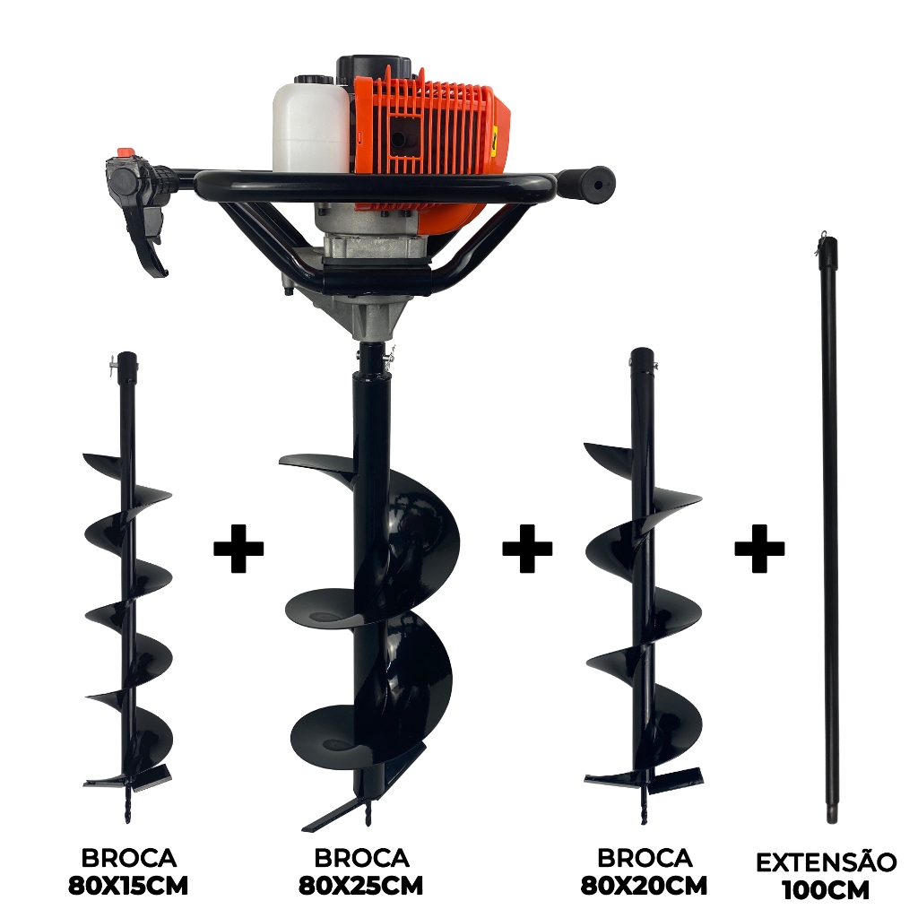 Perfurador de Solo Gasolina 52cc 2,5HP com Brocas 80x20cm + 80x15cm + 80x25cm + Extensor 1m Carbon Fak