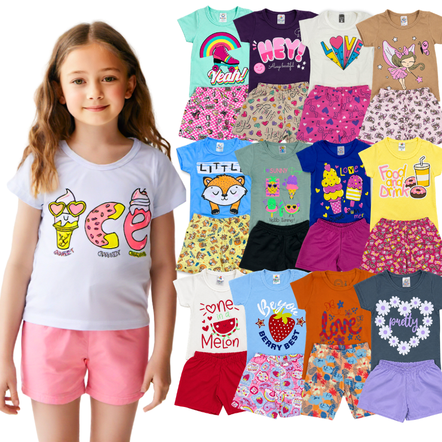 Kit 4, 6 ou 12 Peças Roupa Infantil Menina Verão Sortido Estampado Camiseta + Shorts Feminino Bebê 2, 3, 6 Conjunto
