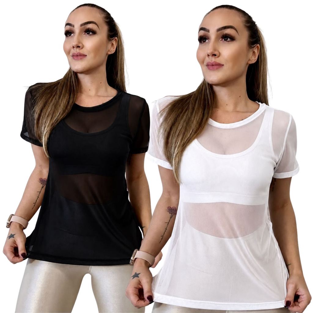 Blusa Feminina De Tule Transparente Academia Fitness Camisão Fitness Com Manga