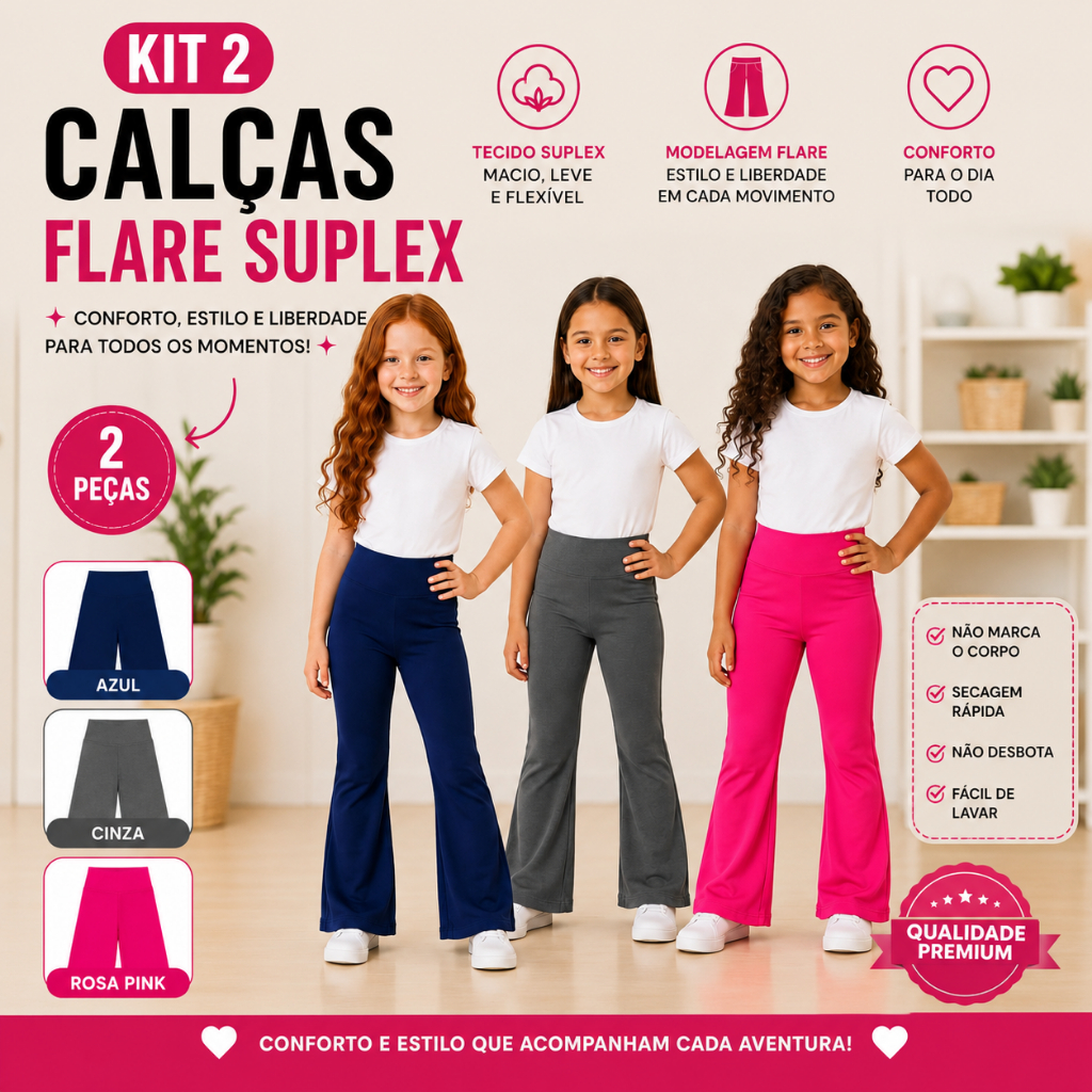 Kit 2 Calças Legging Flare Bailarina Suplex Feminina Infantil Escola Passeio Confortável