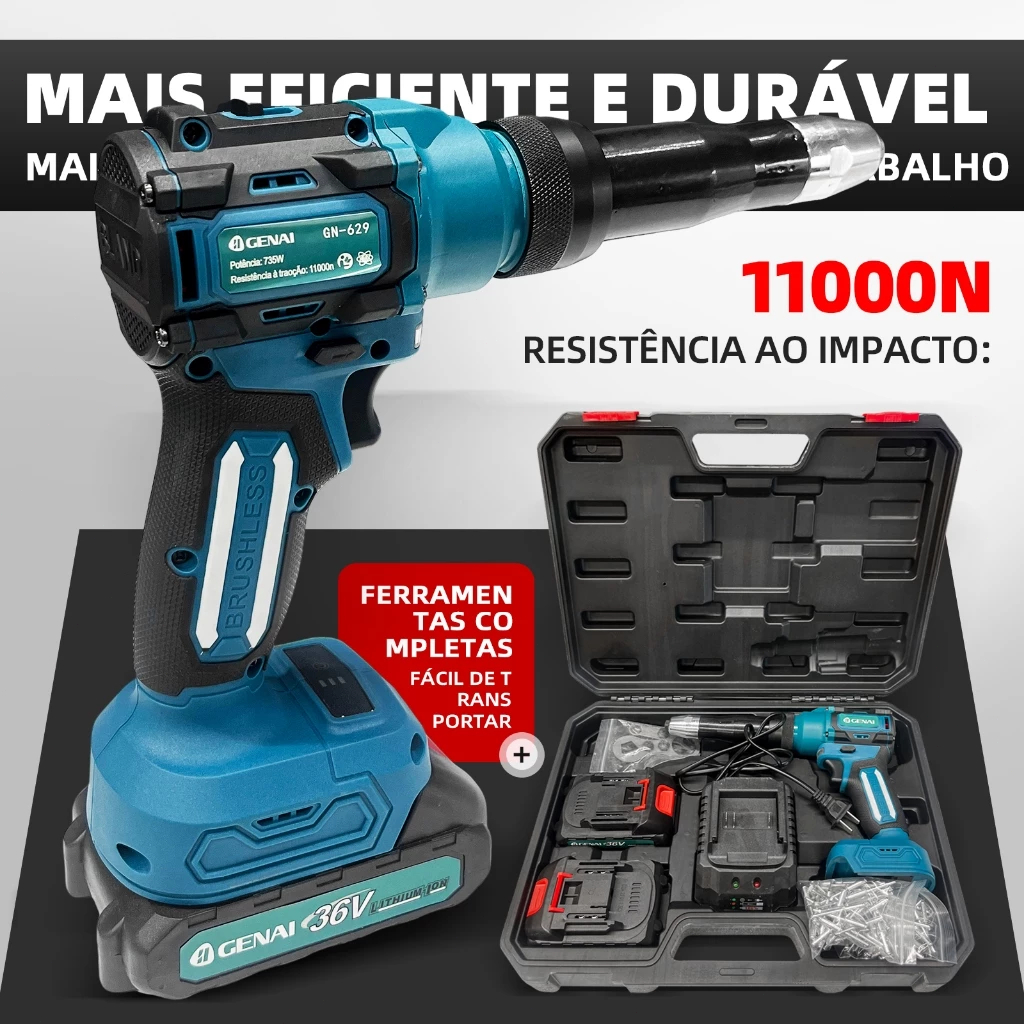 Rebitadeira Elétrica Sem Escovas De 36V Inclui 100 Rebites e 2 Baterias.