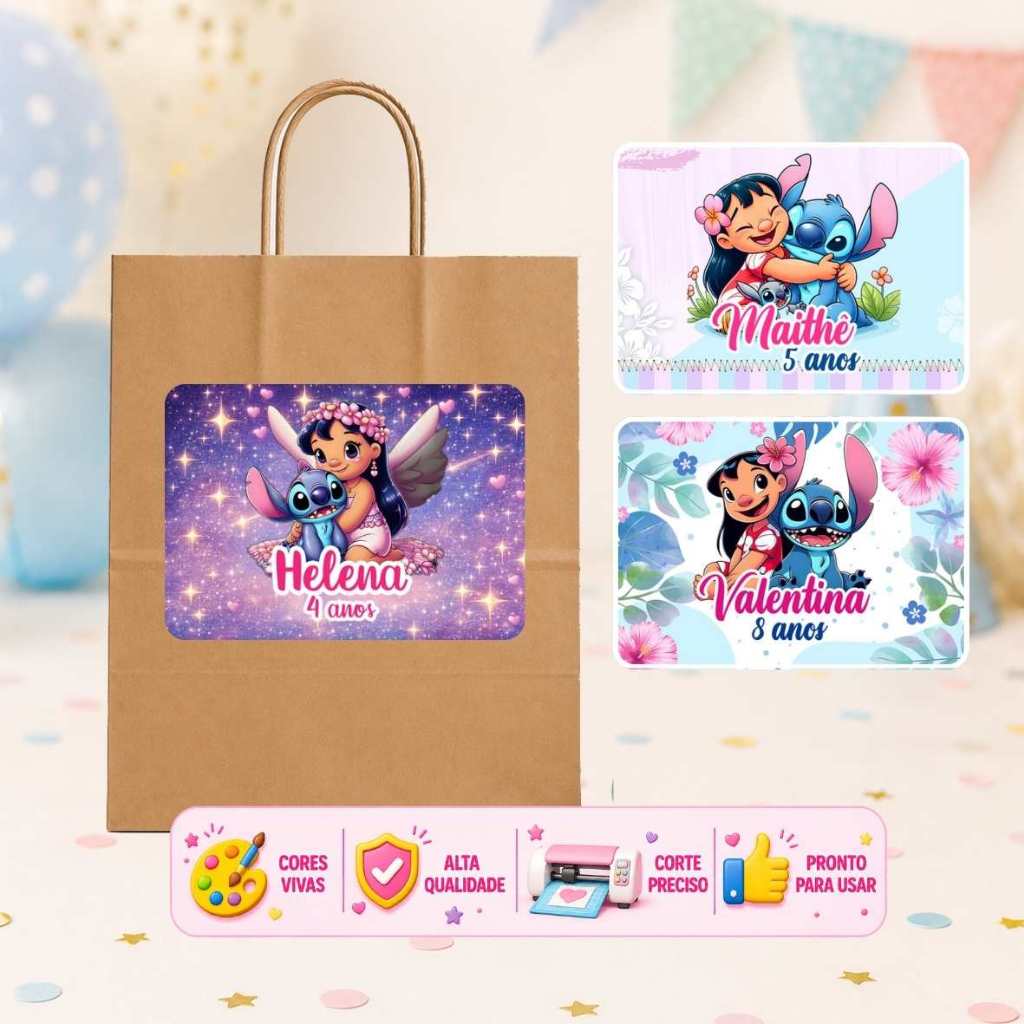 Adesivo Rótulo Personalizado Aniversário para Maletinha Acrílica Sacolinha Caixinha | Stitch Lilo