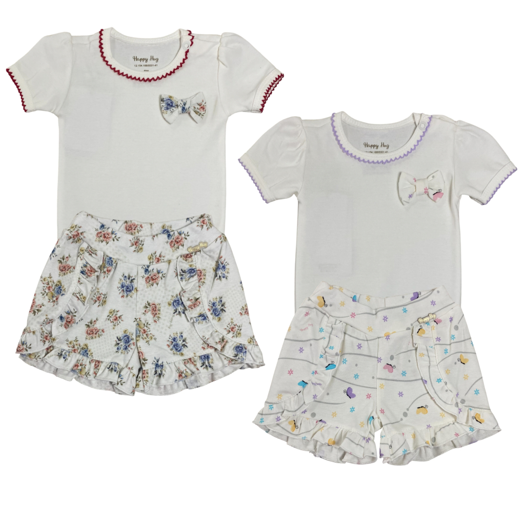 Conjunto Curto Verão, Body/Shorts Estampado Bebê menina - Suedine 100% algodão egípcio