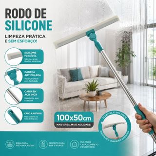 Rodo de Silicone Limpeza Piso Molhado Cabo Aço Inox Ajustável Flexível 100x50cm