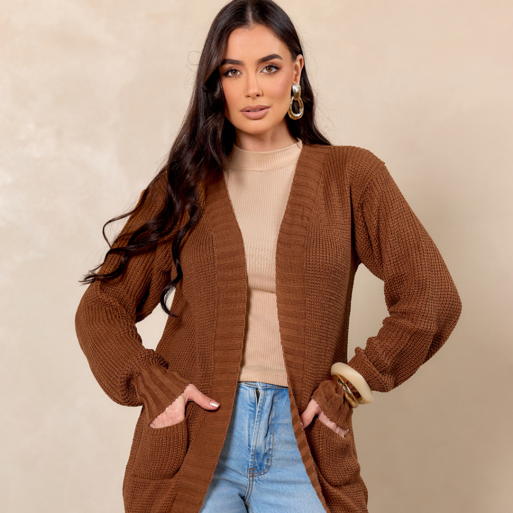 Casaco Longo Bolso Feminino Grande Lançamento Elegante Inverno Comprido Tricot Trico Moda Feminina G