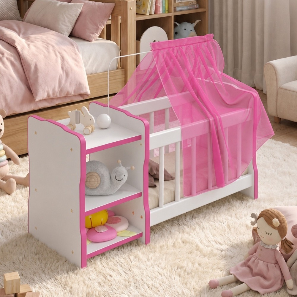 Berço Para Boneca Cristal Ursinho C02 Brinquedo Infantil Branco Rosa - Lyam Decor