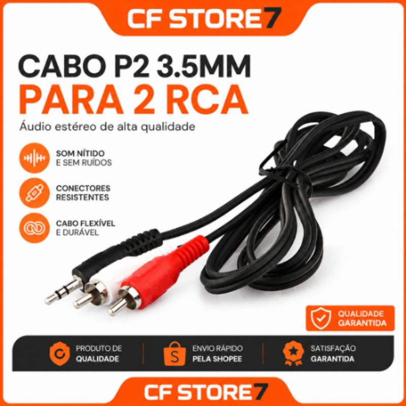 Cabo P2 Macho para 2 RCA 1,5m  Macho Áudio Estéreo TV Caixa de Som Home Theater Amplificador 1,5m