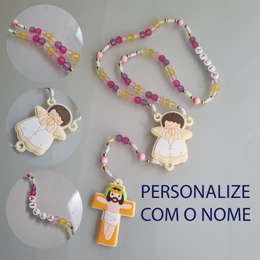 Terço Infantil Personalizado com Nome Anjo da Guarda  Lembrancinha de Batizado, Eucaristia
