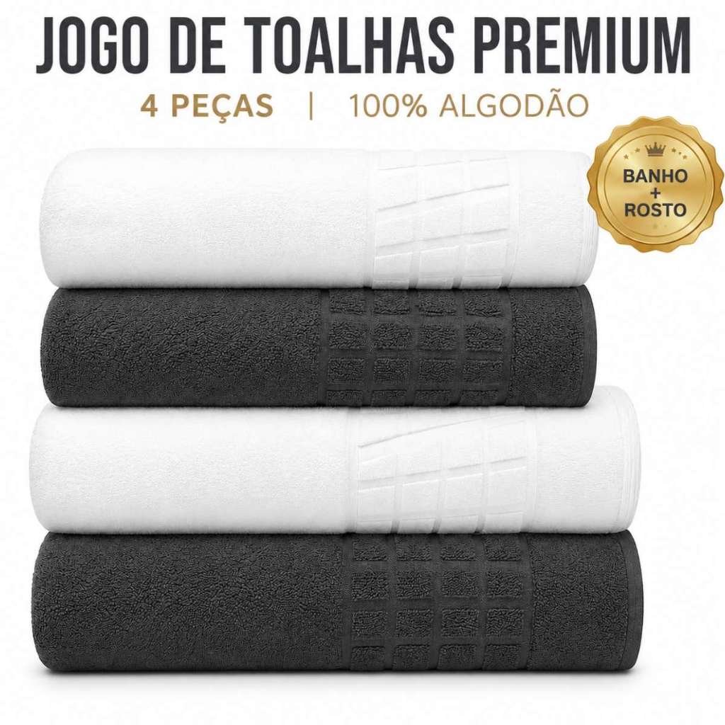 Jogo Toalha Banho Rosto 4 Peças 100% Algodão Branco E Chumbo Macias Premium