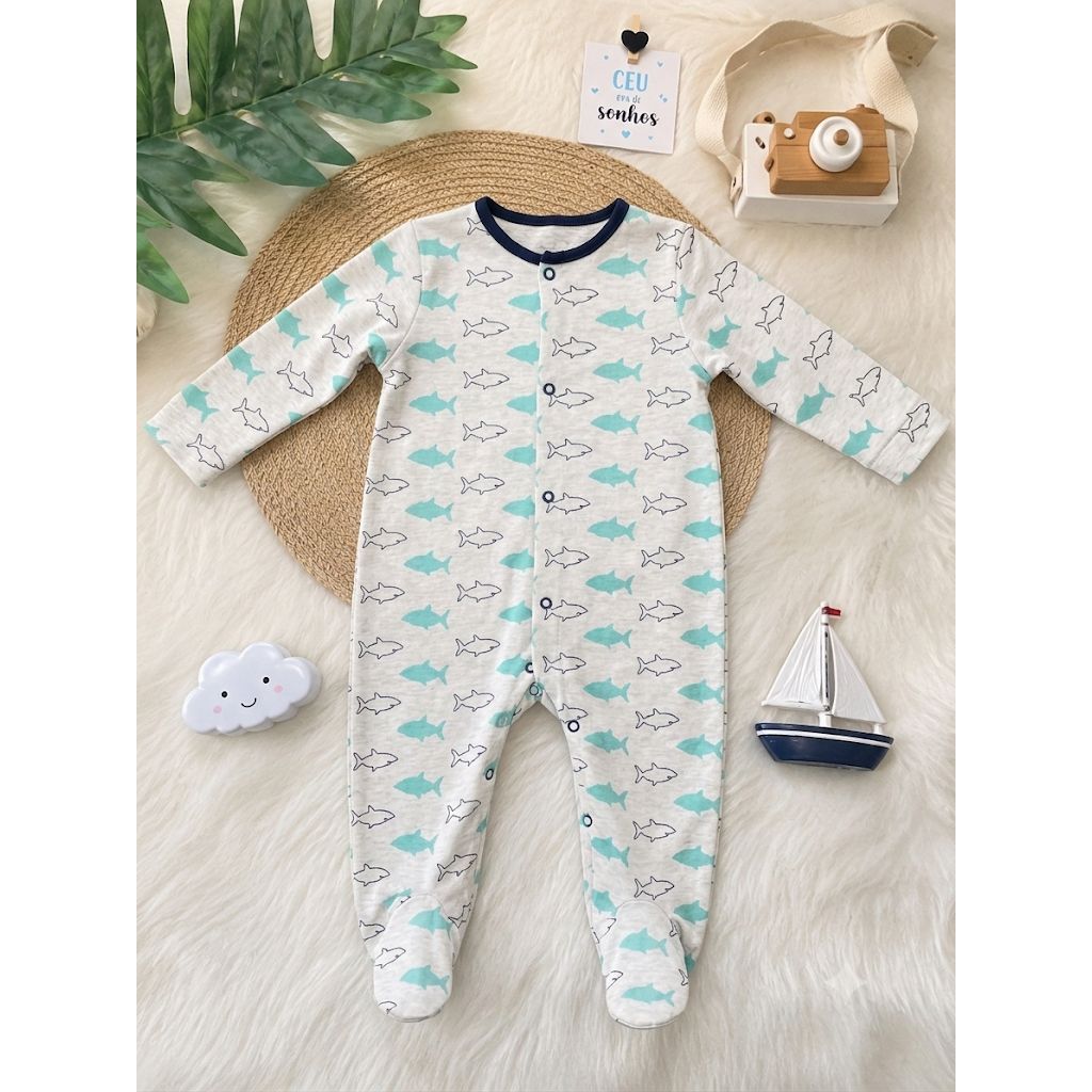 macacão shark infantil branco e verde agua,100% algodão — imagem 2 de 2