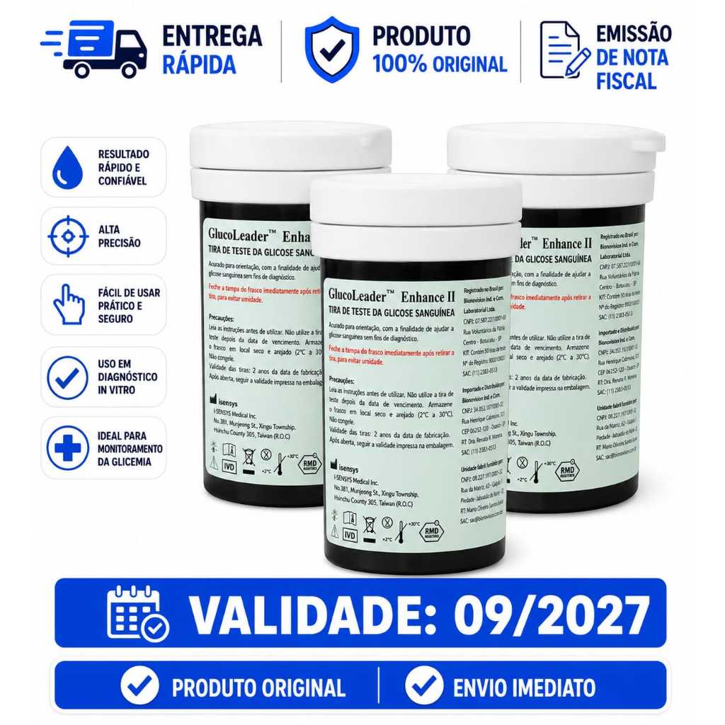 Kit 150 Tiras De Glicose Glucoleader Enhance II Fitas Glicemia Diabetes