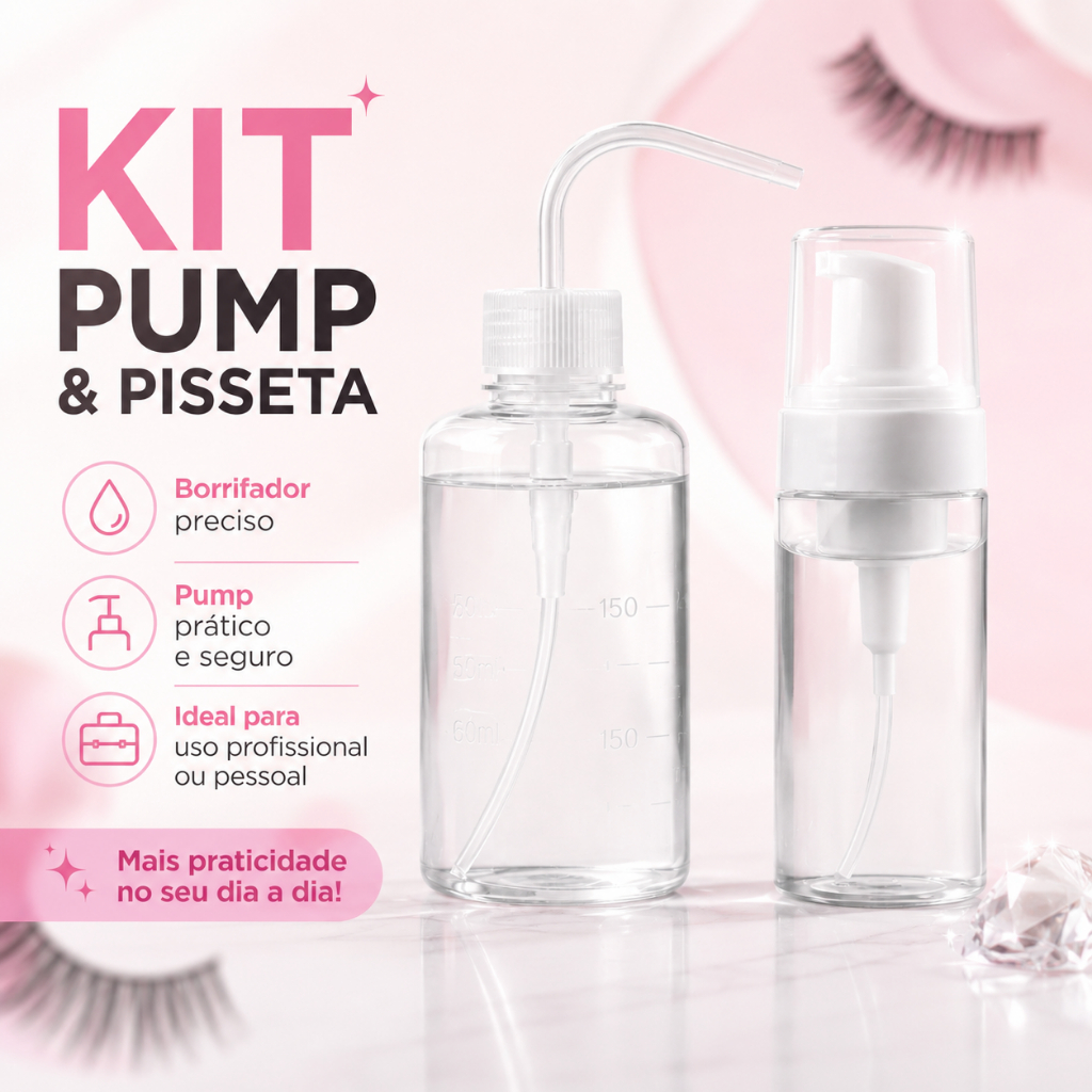 Kit Pump e Pisseta Transparente – Higienização Profissional para Extensão de Cílios e Lash Design