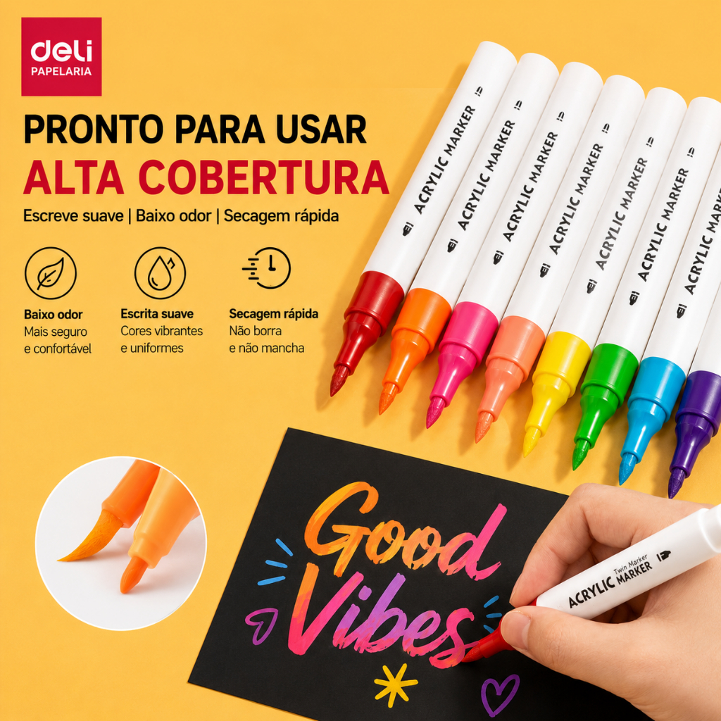 Marcador Acrílico Deli 12/24/36 Cores Ponta Dupla para Madeira, Vidro, Papel, Ar