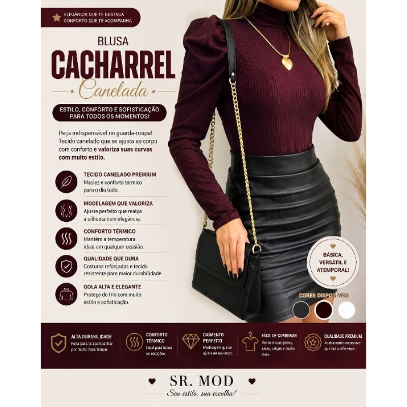 Blusa Cacharrel Canelada Feminina Manga Bufante Gola Alta | Elegante | Confortável | Sr. Modas