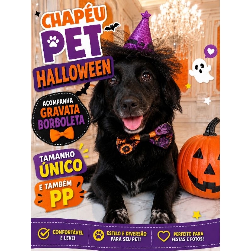 Chapéu Halloween Pet com Gravata Borboleta Kit Bruxa EVA Glitter Tule Luxo Cães Tam U e Tam PP Alta Qualidade