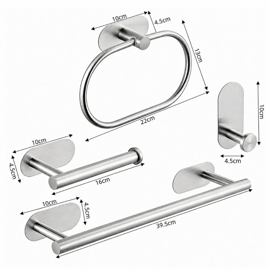 Kit 4 Peças Acessórios Banheiro Aço Inox Autoadesivo Sem Furação Porta Toalha e Gancho