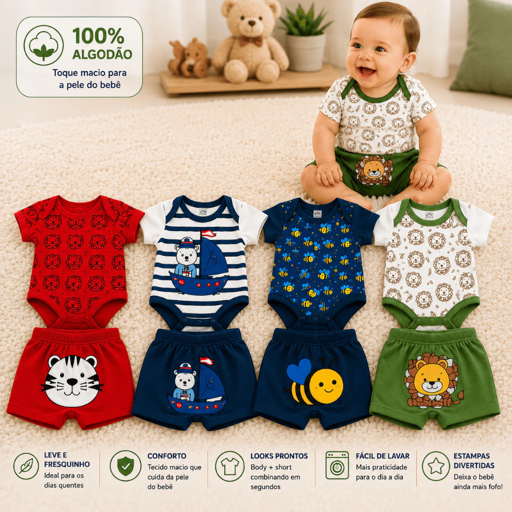 Kit Enxoval 6 Peças Body Bebê Infantil Menino Animado Estampado Bodie Short Mijão — imagem 1