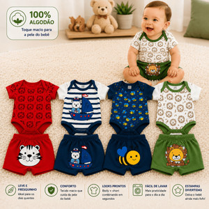 Kit Enxoval 6 Peças Body Bebê Infantil Menino Animado Estampado Bodie Short Mijão