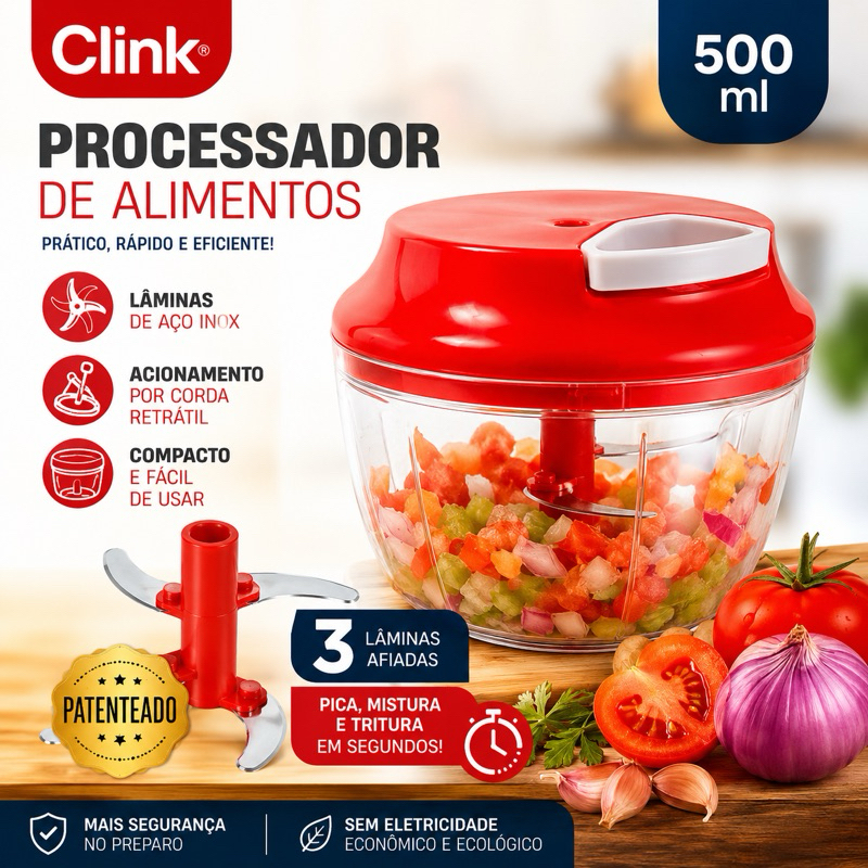 Processador Triturador de Alimentos Manual 500ml 3 Lâminas Clink
