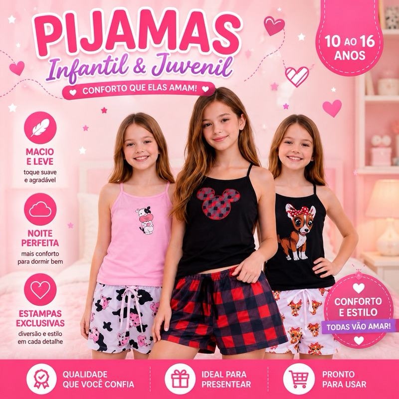 👉🏻Kit 3 Pijamas 12 14 16 Juvenil Feminino | Conjunto Short Doll Verão | Leve, Confortável e Macio Sortido